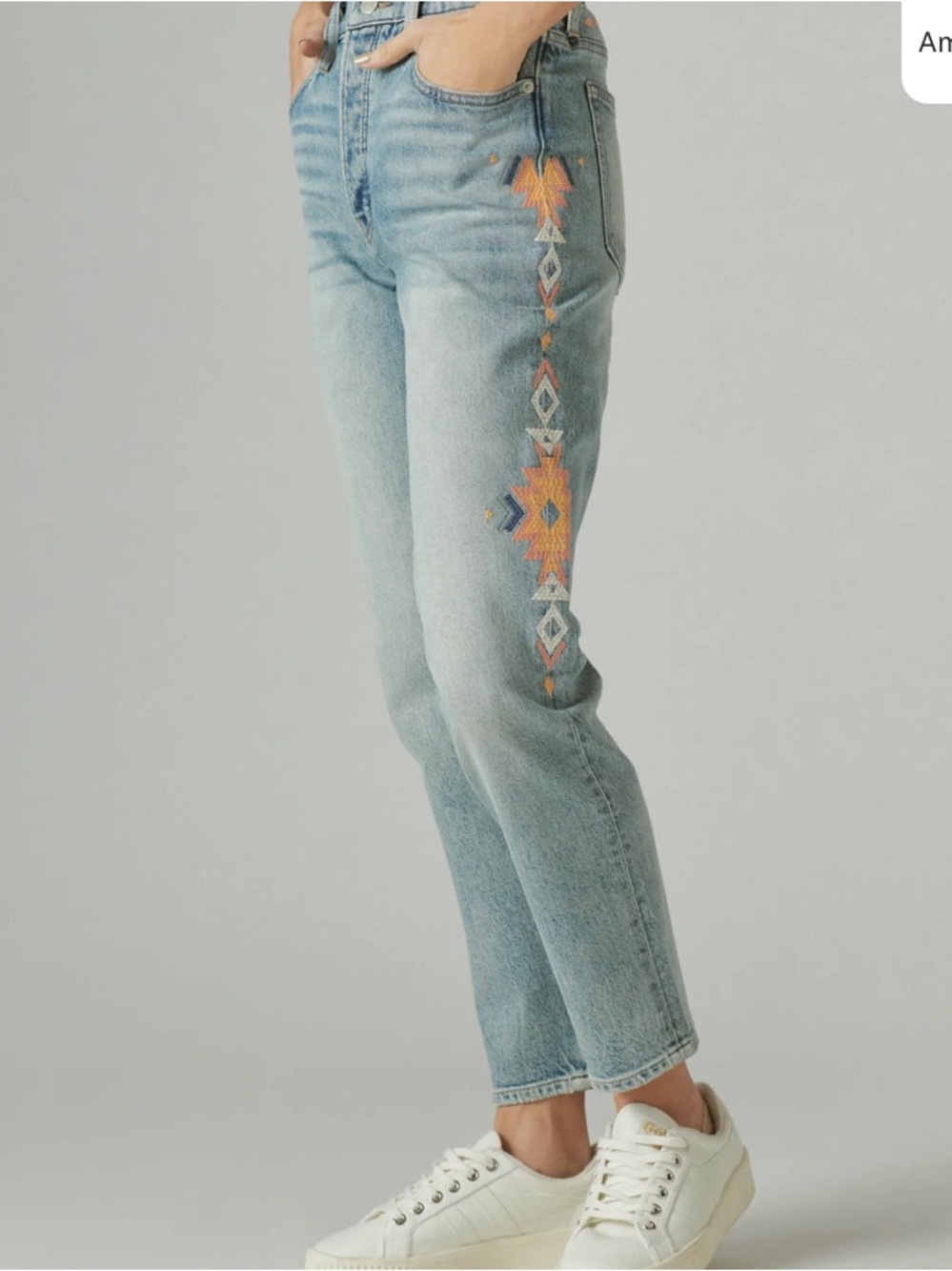 Lucky Brand Drew Mom Jeans Aztec Embroidered High Rise Cropped Ankle 31/12R